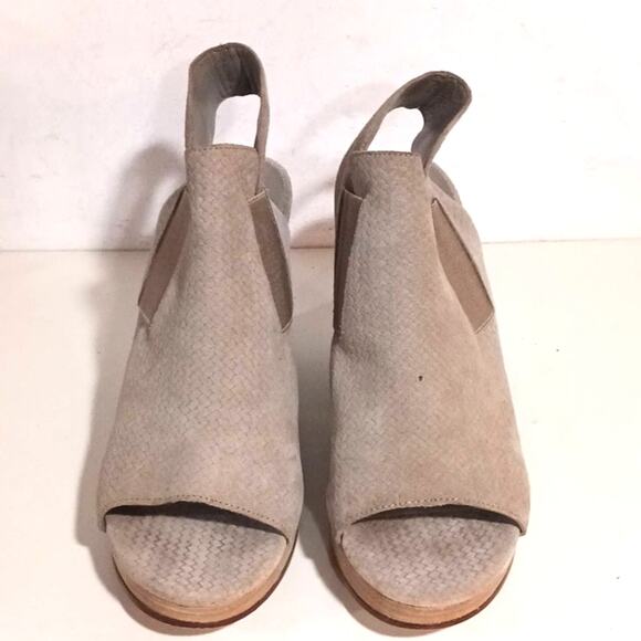 Eileen Fisher Taupe Thatched Suede Wood Stacked Statement heel size 9.5 - Picture 7 of 12